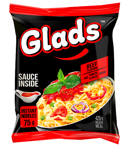 Glads makaronai su jautienos skonio «pomidorų ir bazilikų» padažu